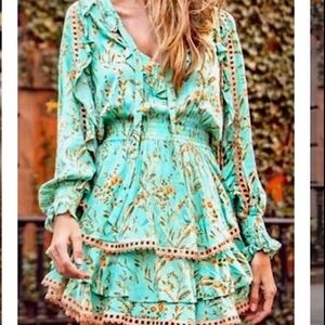 Spell Mint Floral Long-Sleeve Tiered Mini Dress